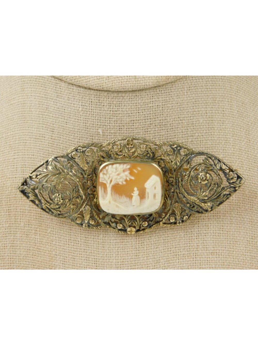 Antique 14k Gold 3.25" Filigree Floral Carved Shell Landscape Cameo Brooch Pin - Picture 15 of 16